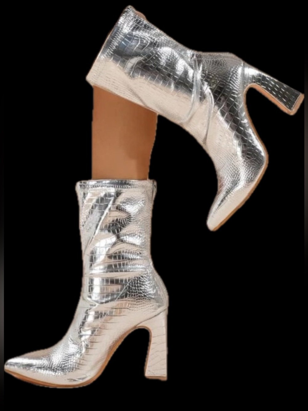 NEW Sexy Silver Metallic crocodile print zipper stacked high heel boots SHEIN